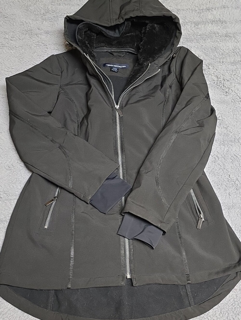 French Connection Black Hooded Trench Coat with Faux-Fur Lining
